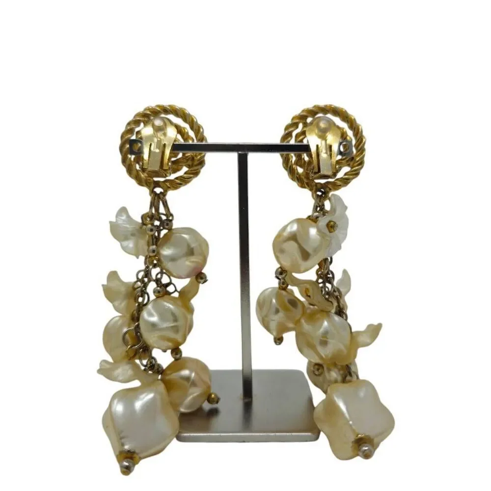 Large Vintage Runway Statement Gold Swirl & Floral Pearl Beaded Dangle Earrings